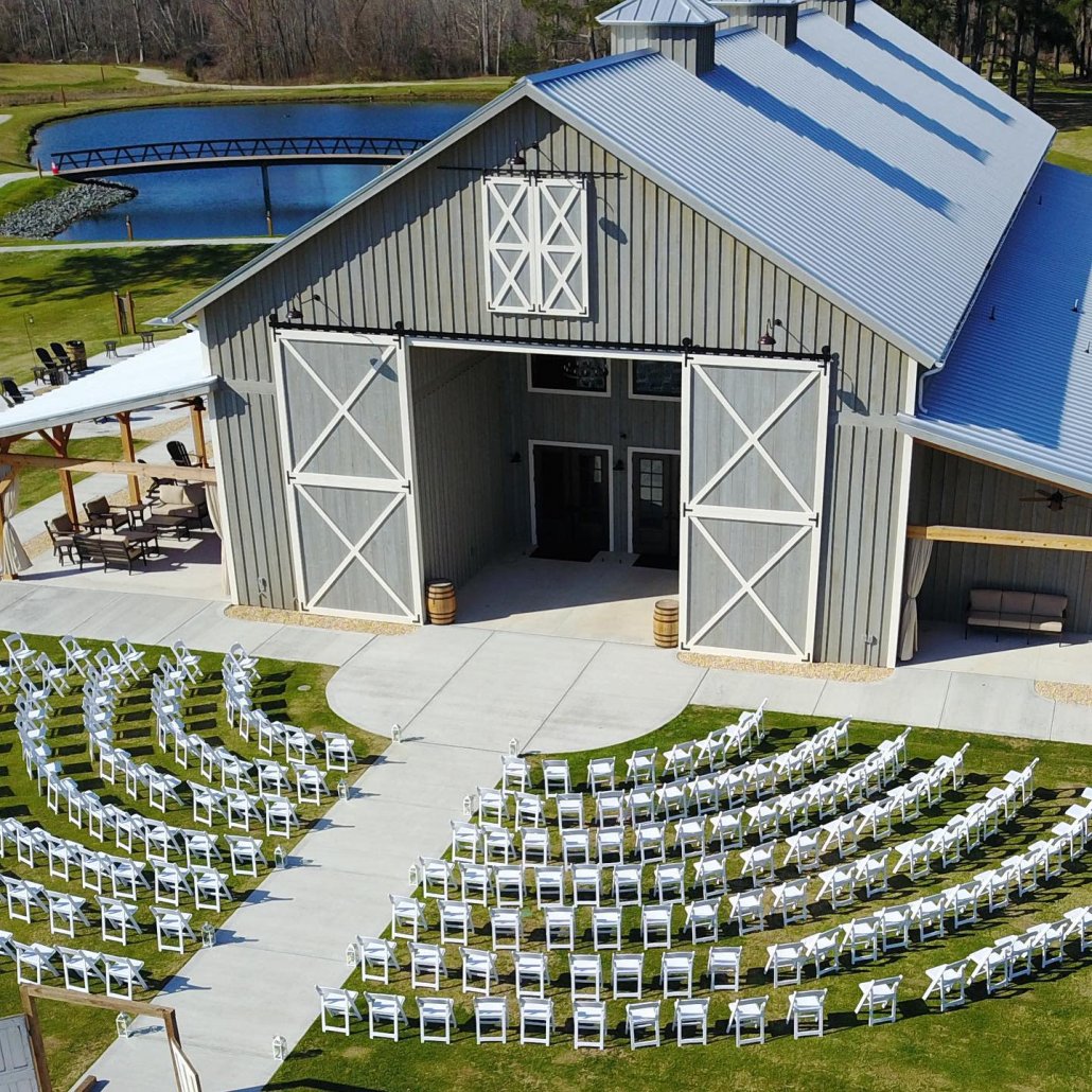 Aerial photo of a wedding ceremony setup at The Rustic Barn at Halfmoon