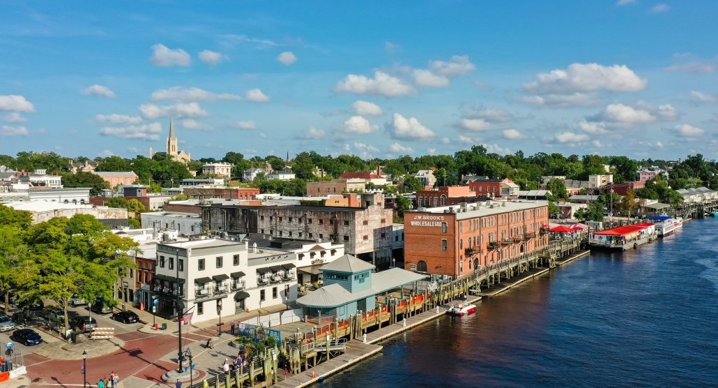 Aerial photo of the street and waterfront in Downtown Wilmington