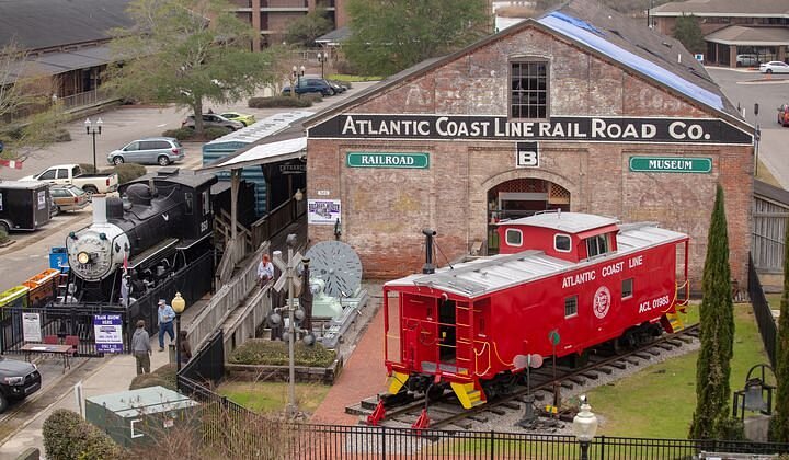 Outside aerial photo of the Wilmington Railroad Museum with trains